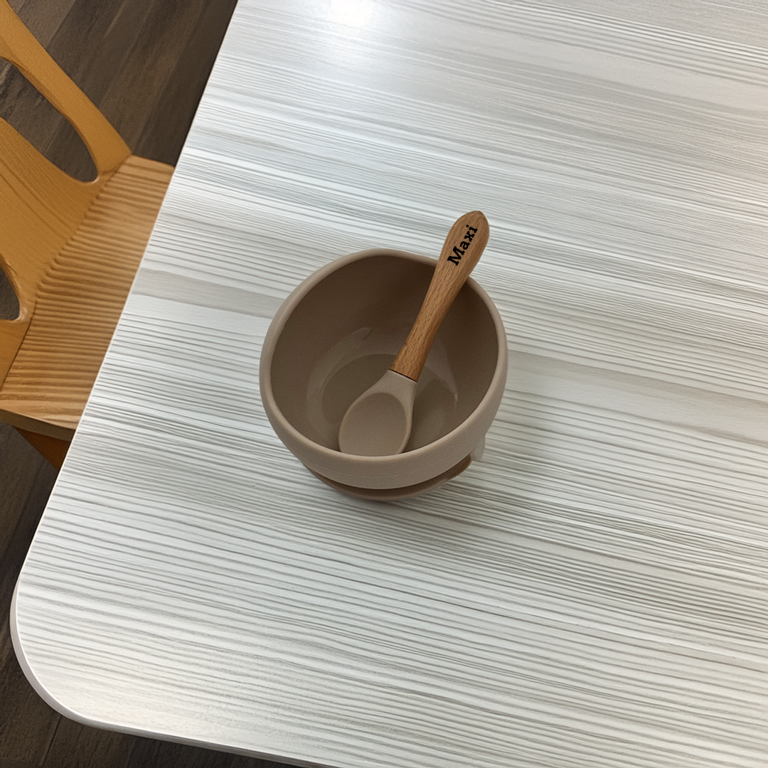 Beiges Ess-Set aus Schüssel und Löffel für Kinder mit Holz-Griff [Personalisierbar]