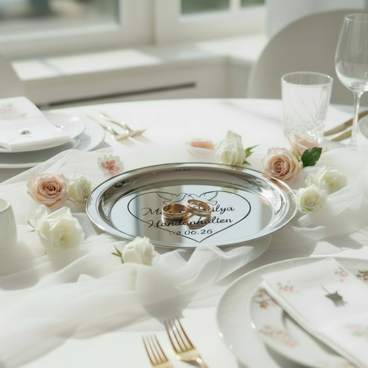 Hochzeitsteller mit schwarzer Gravur und Herz