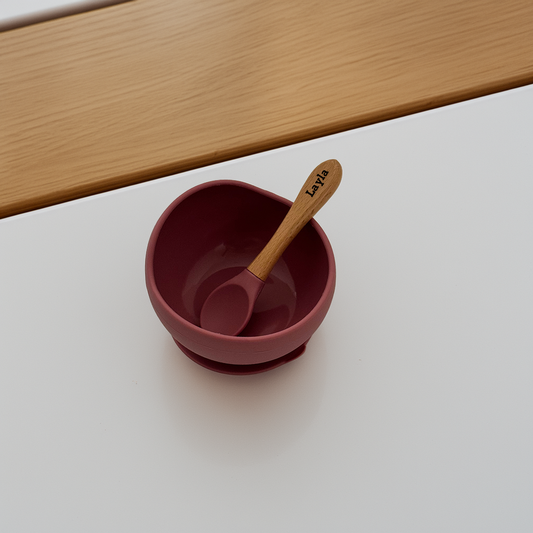 Rosa Ess-Set aus Schüssel und Löffel für Kinder mit Holz-Griff [Personalisierbar]